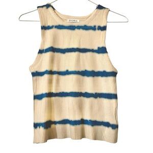 Storia Ribbed Knit Striped Dye Sleeveless Tank Top Cream Blue Medium
